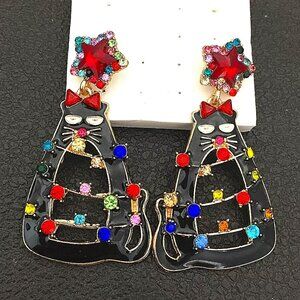 Womens No Label Christmas Holiday Cartoon Crystal Cat Earrings
